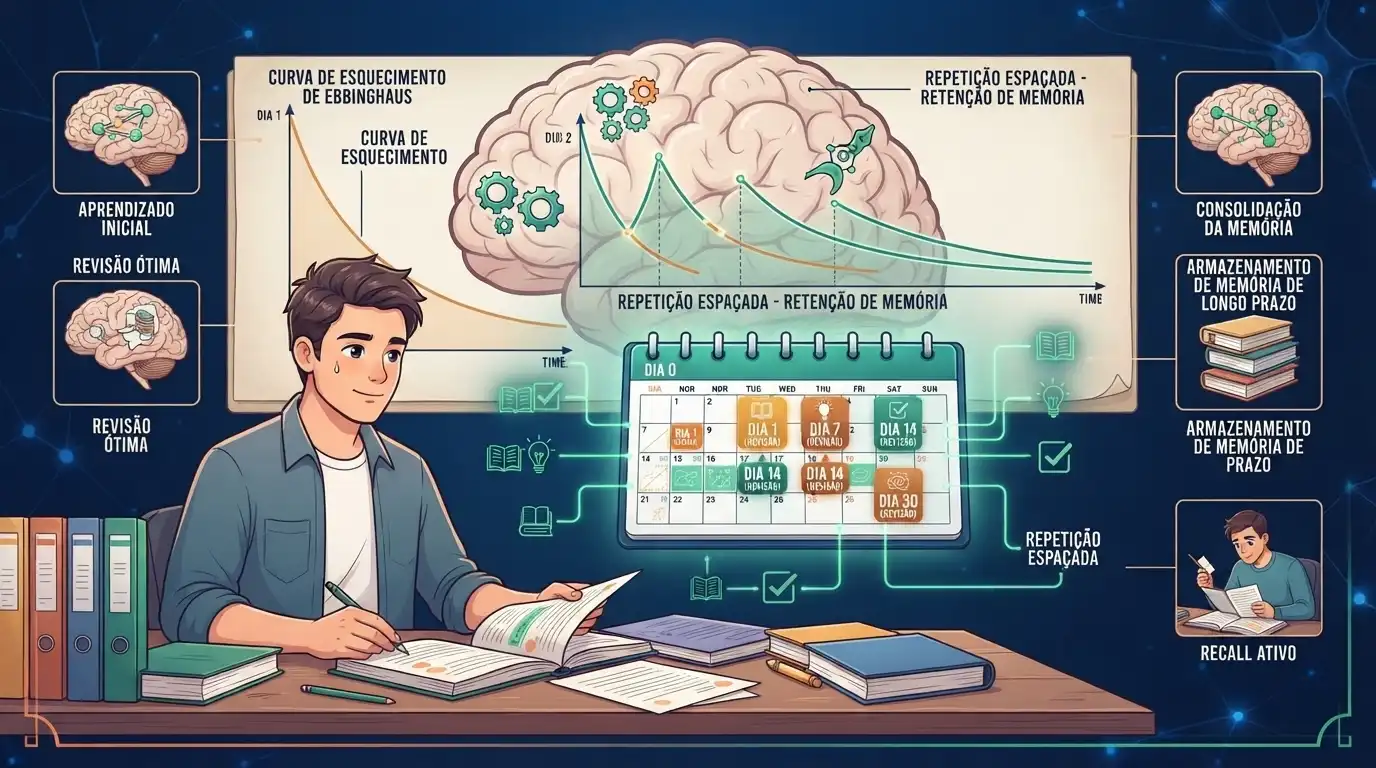 Ilustração da curva do esquecimento e dos benefícios da revisão espaçada sistemática