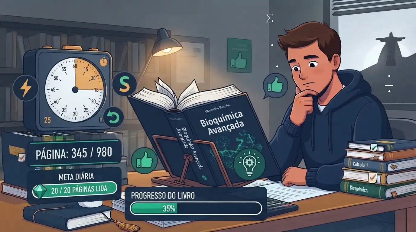 Estudante concentrado lendo livros com cronômetro para medir páginas diárias