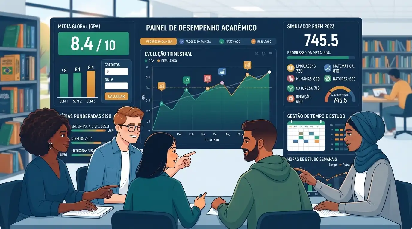 Painel exibindo métricas de desempenho acadêmico, evolução e médias do semestre