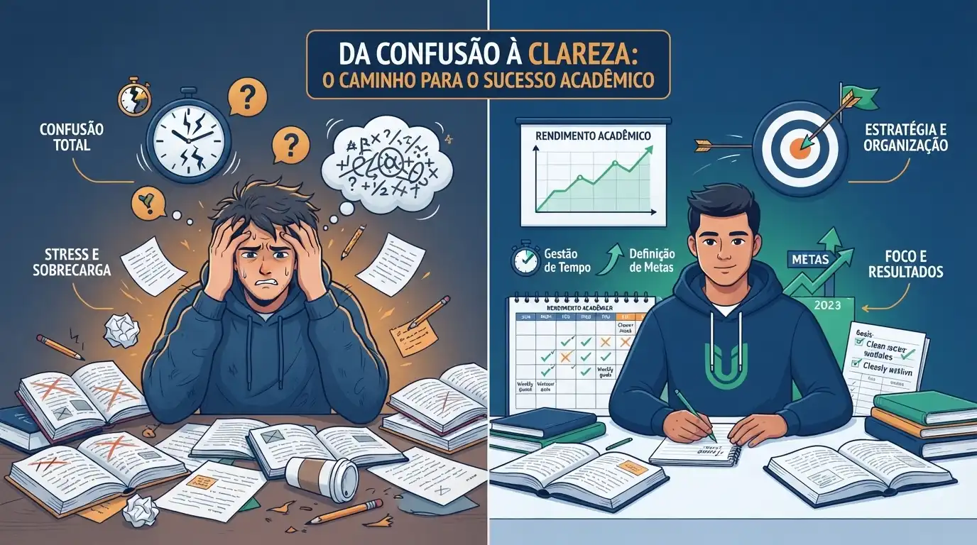 Contraste visual mostrando os benefícios do estudo estratégico organizado versus o estudo caótico