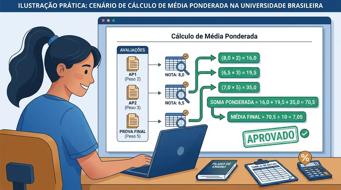 Cálculo prático de média ponderada com avaliações e pesos