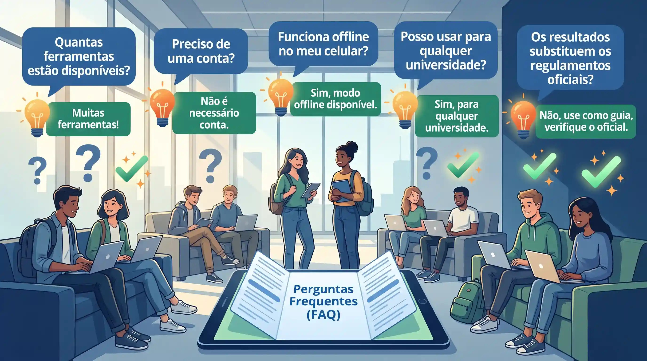 Estudantes esclarecendo dúvidas na seção de perguntas frequentes do portal
