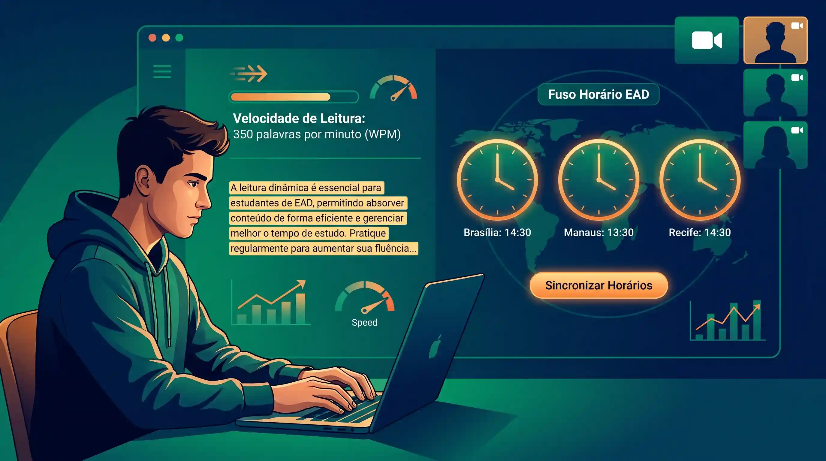 Ilustração de ferramentas adicionais como velocidade de leitura e fuso horário para universitários