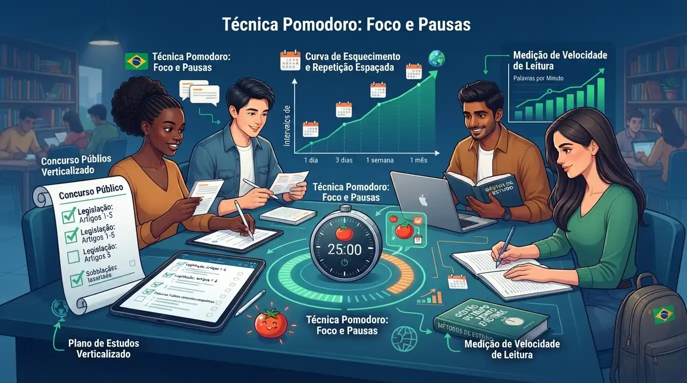 Técnicas e materiais de estudo organizados sobre uma mesa em ambiente produtivo
