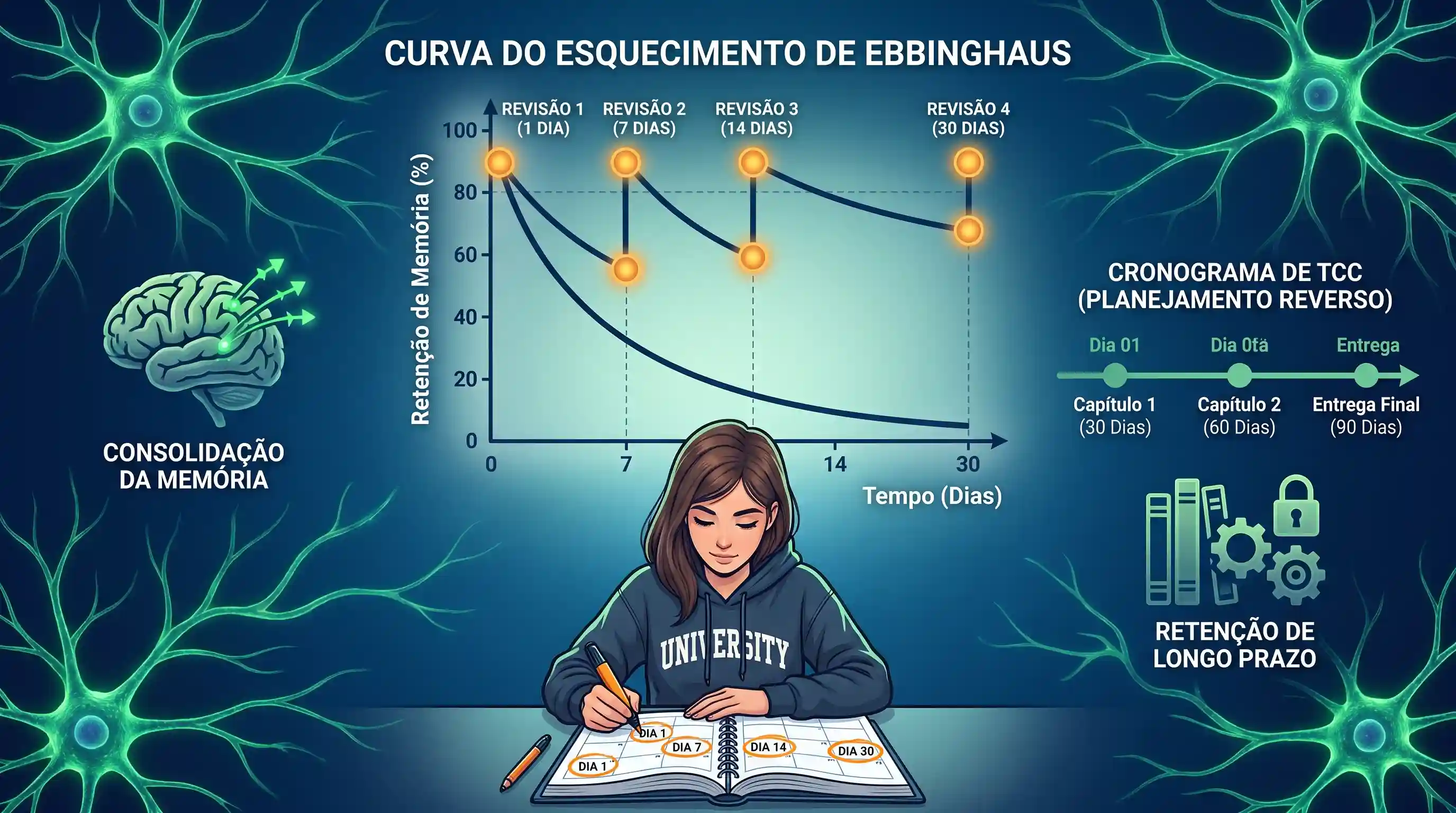 Gráfico representando a Curva do Esquecimento de Ebbinghaus e cronograma de longo prazo