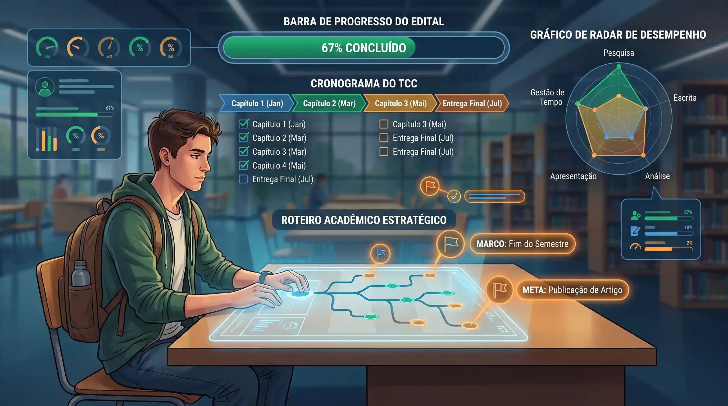 Painel visual representando o planejamento estruturado de estudos e editais